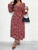 Rochie Lunga Arzu Rosie Cu Imprimeu Floral Multicolor Si Maneci Bufante - Marimi Mari - imagine 5