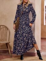 Rochie Lunga Lenke Bleumarin Cu Model Floral Crem - imagine 5