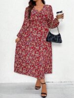 Rochie Lunga Arzu Rosie Cu Imprimeu Floral Multicolor Si Maneci Bufante - Marimi Mari