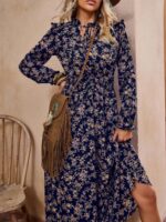 Rochie Lunga Lenke Bleumarin Cu Model Floral Crem - imagine 4