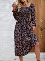 Rochie Midi Fortuna Bleumarin Cu Model Floral Si Maneci Bufante - imagine 5