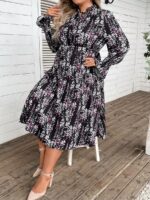 Rochie Midi Malina Neagra Cu Model Floral Multicolor - Marimi Mari - imagine 4