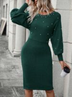 Rochie Midi Tricotata Olveira Verde Cu Maneci Bufante - imagine 4