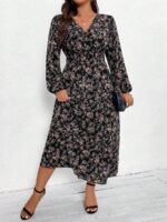 Rochie Lunga Bahar Neagra Cu Imprimeu Floral Multicolor - Marimi Mari - imagine 4
