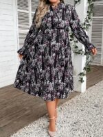 Rochie Midi Malina Neagra Cu Model Floral Multicolor - Marimi Mari - imagine 5