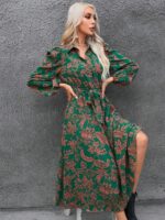 Rochie Midi Roland Verde Cu Model Floral Roz Si Cordon - imagine 3