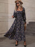 Rochie Lunga Verona Albastra Cu Model Floral Si Maneci Bufante - imagine 5