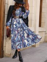 Rochie Lunga Venera Alba Cu Model Floral Albastru