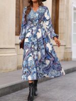 Rochie Lunga Venera Alba Cu Model Floral Albastru - imagine 5