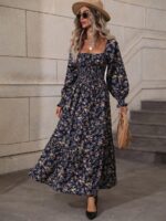 Rochie Lunga Verona Albastra Cu Model Floral Si Maneci Bufante - imagine 3