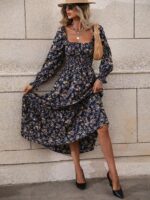 Rochie Lunga Verona Albastra Cu Model Floral Si Maneci Bufante - imagine 4
