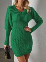 Rochie Scurta Tricotata Mandrup Verde Cu Maneci Bufante Si Decolteu - imagine 3