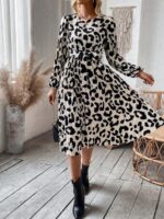 Rochie Midi Edyta Alba Cu Imprimeu Negru Si Cordon - imagine 3