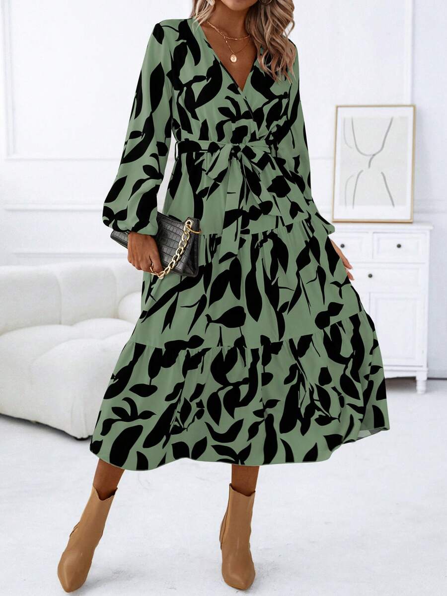 20-15 Rochie Midi Makura Khaki Cu Imprimeu Negru - imagine 1
