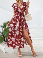 Rochie Lunga Eliza Rosie Cu Model Floral Alb Si Cordon
