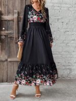 Rochie Lunga Mandisa Neagra Cu Imprimeu Floral Multicolor Si Maneci Bufante - imagine 3