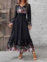 Rochie Lunga Mandisa Neagra Cu Imprimeu Floral Multicolor Si Maneci Bufante - imagine 4