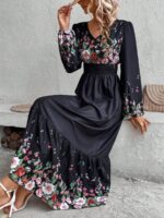 Rochie Lunga Mandisa Neagra Cu Imprimeu Floral Multicolor Si Maneci Bufante - imagine 5
