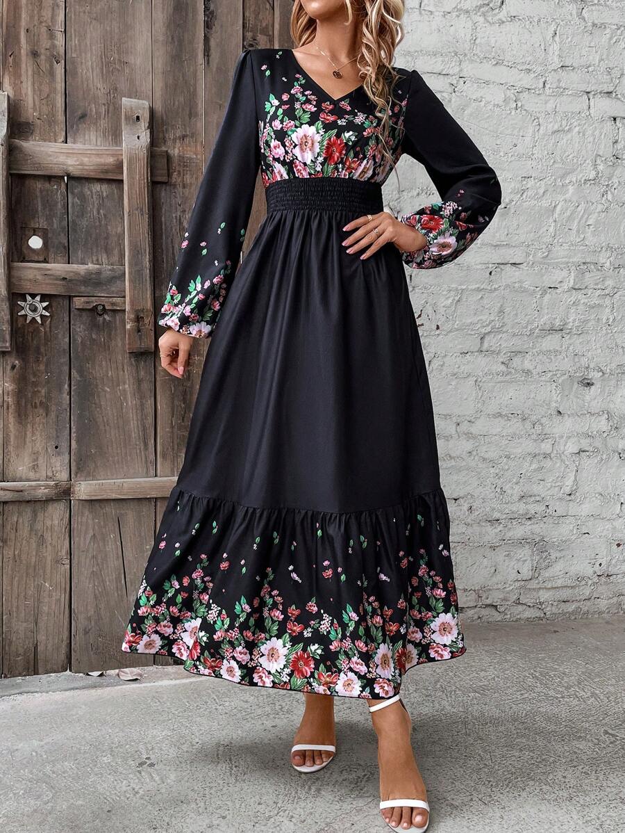 240 Rochie Lunga Mandisa Neagra Cu Imprimeu Floral Multicolor Si Maneci Bufante - imagine 1