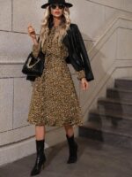 Rochie Midi Vendela Khaki Cu Imprimeu Alb - Negru - imagine 3