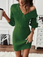 Rochie Scurta Tricotata Elaine Verde Cu Decolteu - imagine 3