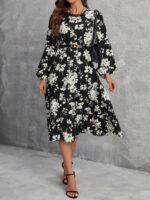 Rochie Midi Odilia Neagra Cu Imprimeu Floral Alb