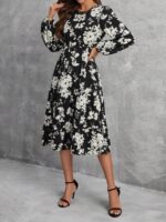 Rochie Midi Odilia Neagra Cu Imprimeu Floral Alb - imagine 3
