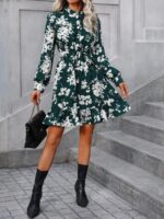 Rochie Scurta Mayra Verde Cu Model Floral Alb Si Cordon - imagine 5