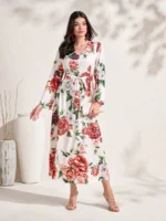 Rochie Lunga Oxana Alba Cu Model Floral