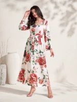 Rochie Lunga Oxana Alba Cu Model Floral - imagine 3