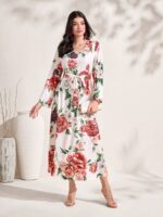 Rochie Lunga Oxana Alba Cu Model Floral - imagine 4