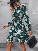 Rochie Scurta Mayra Verde Cu Model Floral Alb Si Cordon - imagine 3