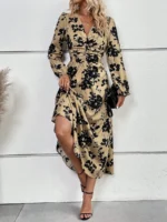 Rochie Lunga Osana Crem Cu Model Floral Negru - imagine 3