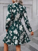 Rochie Scurta Mayra Verde Cu Model Floral Alb Si Cordon - imagine 2
