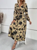 Rochie Lunga Osana Crem Cu Model Floral Negru - imagine 4