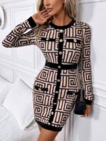 Rochie Scurta Peggy Crem Cu Model Geometric Negru