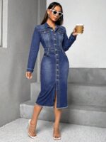 Rochie Midi Thema Din Denim Cu Nasturi - imagine 4