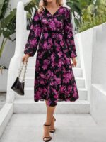 Rochie Midi Zizita Neagra Cu Model Floral Lila - imagine 6