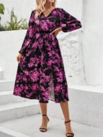 Rochie Midi Zizita Neagra Cu Model Floral Lila - imagine 3