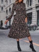 Rochie Midi Tasille Neagra Cu Imprimeu Floral Si Maneci Bufante - imagine 4