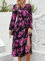 Rochie Midi Zizita Neagra Cu Model Floral Lila - imagine 4