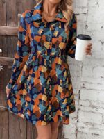 Rochie Scurta Pangora Cu Frunze Multicolore Si Nasturi - imagine 4