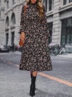 Rochie Midi Tasille Neagra Cu Imprimeu Floral Si Maneci Bufante
