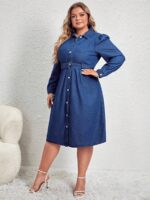 Rochie Midi Andreina Din Denim Cu Nasturi Si Curea - Marimi Mari