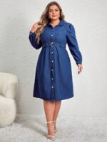 Rochie Midi Andreina Din Denim Cu Nasturi Si Curea - Marimi Mari - imagine 4