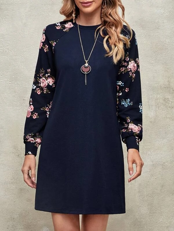544 Rochie Scurta Cathi Bleumarin cu Print Floral pe Maneci - imagine 1