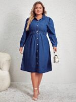 Rochie Midi Andreina Din Denim Cu Nasturi Si Curea - Marimi Mari - imagine 5