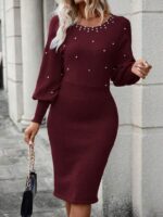 Rochie Midi Tricotata Asprella Grena Cu Perle Si Maneci Bufante - imagine 3
