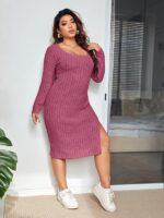 Rochie Midi Anthea Roz cu Dungi in Relief - Marimi Mari