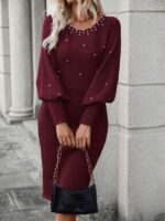 Rochie Midi Tricotata Asprella Grena Cu Perle Si Maneci Bufante - imagine 4